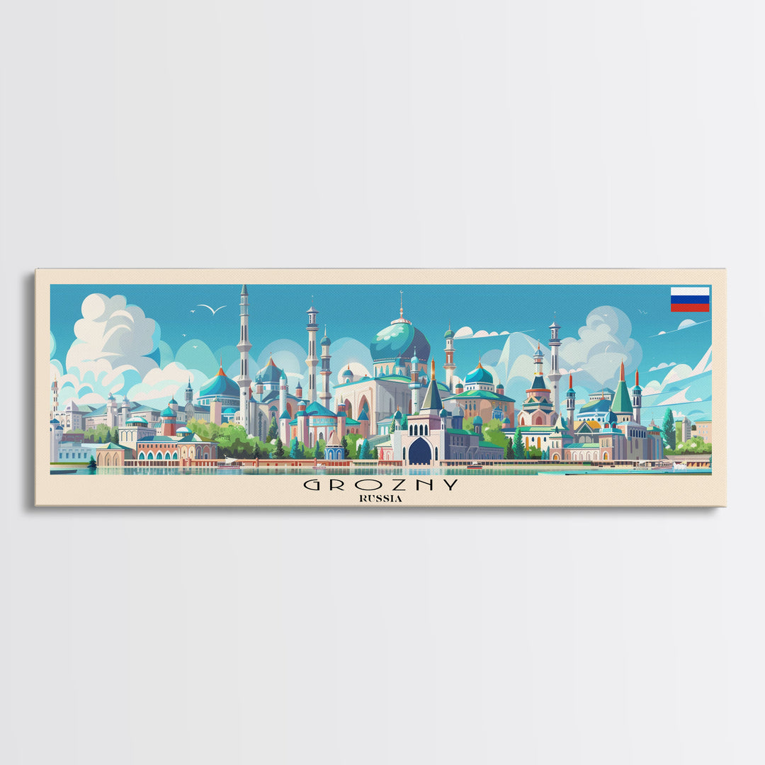 Grozny Russia Panoramic Travel Poster, Framed Canvas Print or Metal Wall Art, Travel Art, Home Decor, Panoramic Painting, Midcentury Art