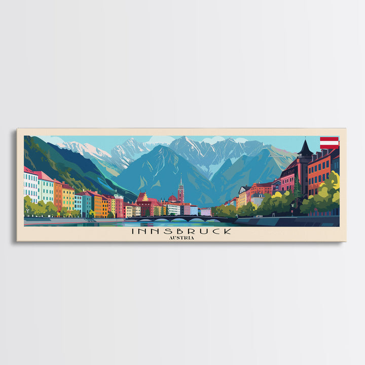 Innsbruck Austria Panoramic Travel Poster, Framed Canvas Print or Metal Wall Art, Travel Art, Home Decor, Panoramic Painting, Midcentury Art