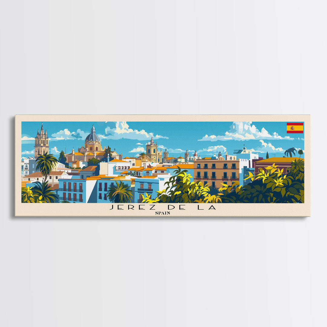 Jerez D eLa Frontera Spain Panoramic Travel Poster, Framed Canvas Print or Metal Wall Art, Travel Art, Home Decor, Panoramic Painting, Midcentury Art