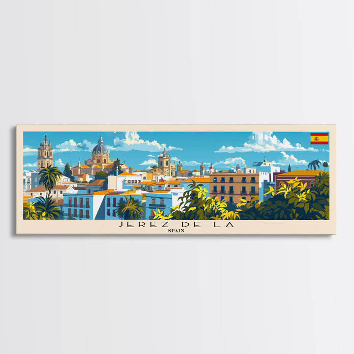 Jerez D eLa Frontera Spain Panoramic Travel Poster, Framed Canvas Print or Metal Wall Art, Travel Art, Home Decor, Panoramic Painting, Midcentury Art
