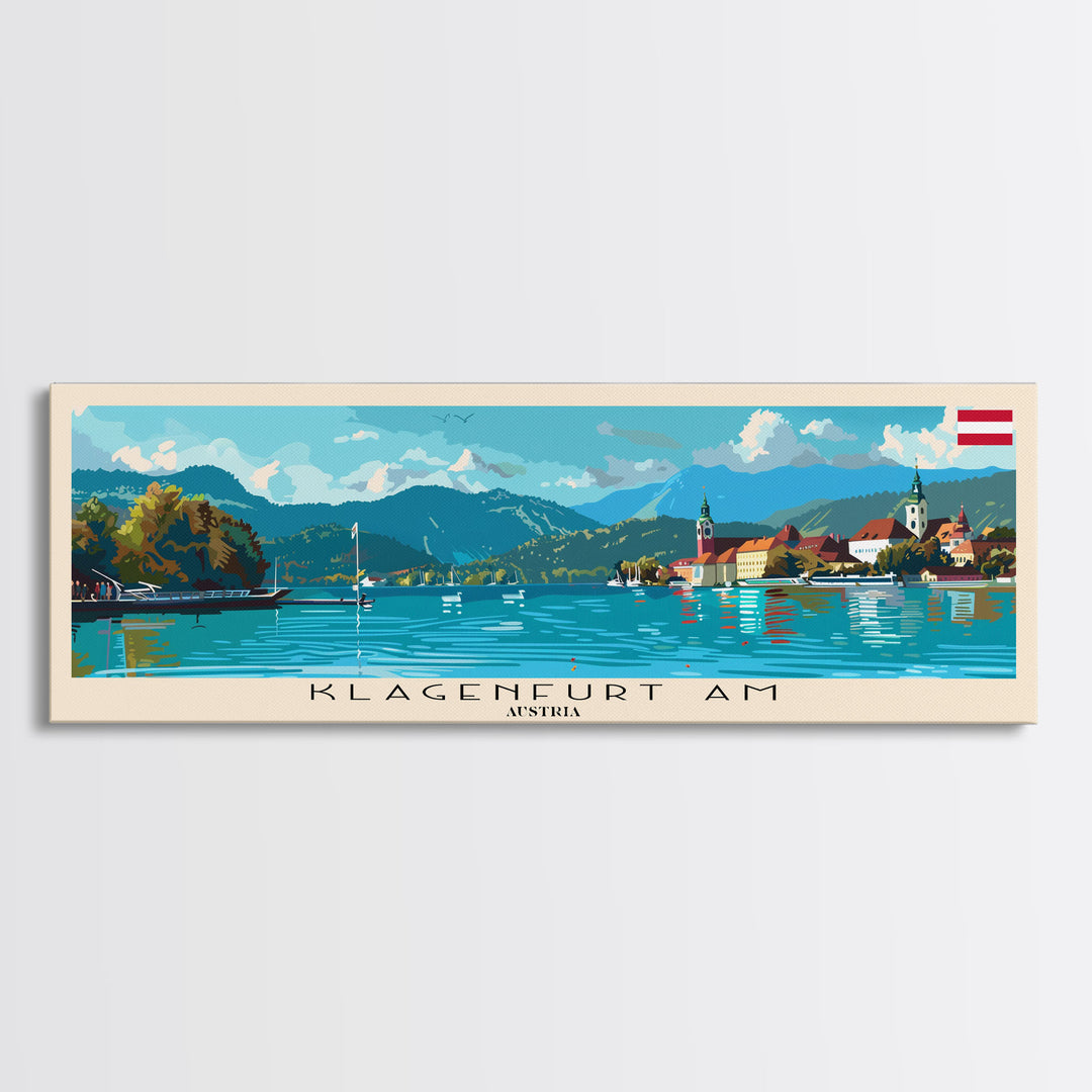 Klagenfurt Austria Panoramic Travel Poster, Framed Canvas Print or Metal Wall Art, Travel Art, Home Decor, Panoramic Painting, Midcentury Art