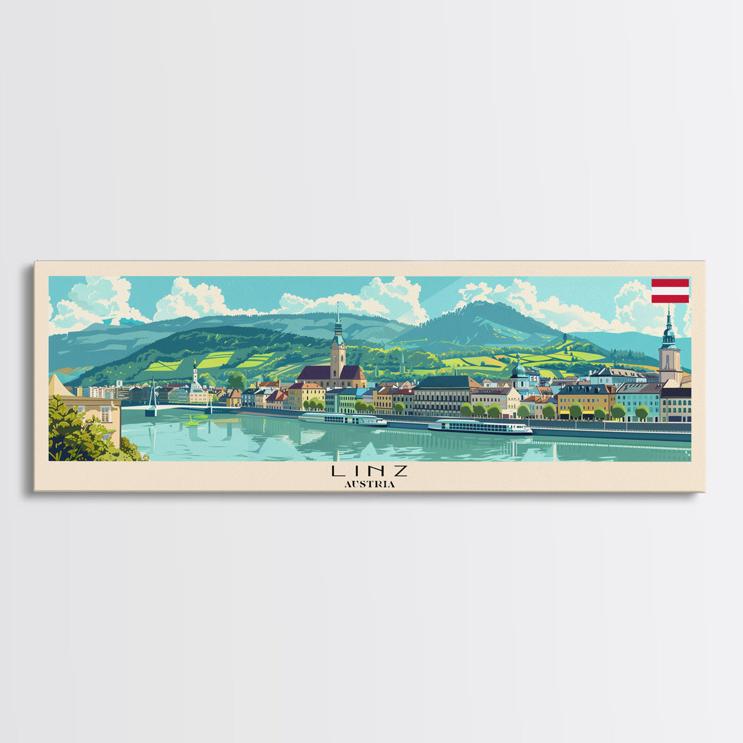 Linz Austria Panoramic Travel Poster, Framed Canvas Print or Metal Wall Art, Travel Art, Home Decor, Panoramic Painting, Midcentury Art