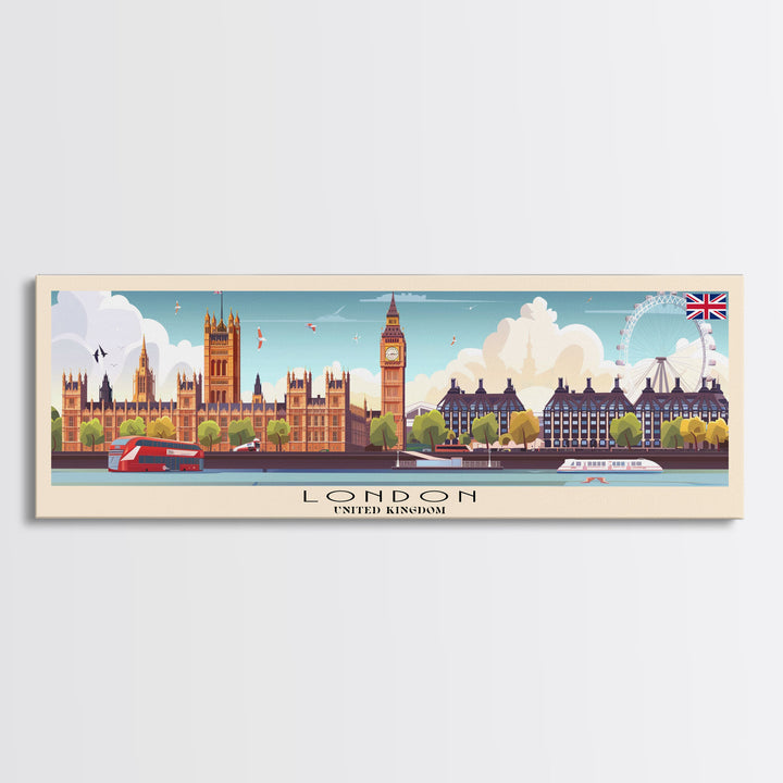 London United Kingdom Panoramic Travel Poster, Framed Canvas Print or Metal Wall Art, Travel Art, Home Decor, Panoramic Painting, Midcentury Art
