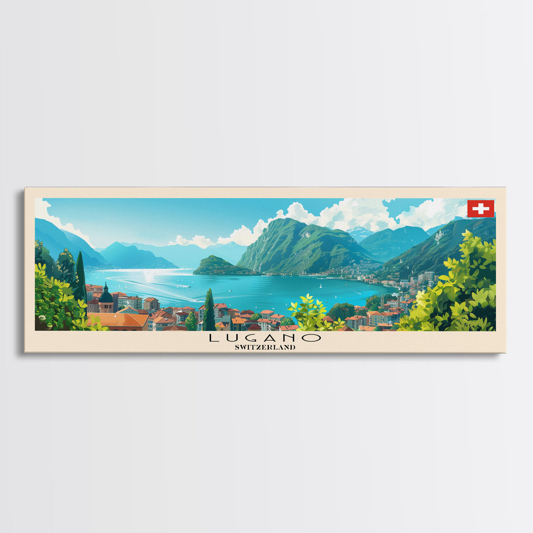 Lugano Switzerland Panoramic Travel Poster, Framed Canvas Print or Metal Wall Art, Travel Art, Home Decor, Panoramic Painting, Midcentury Art