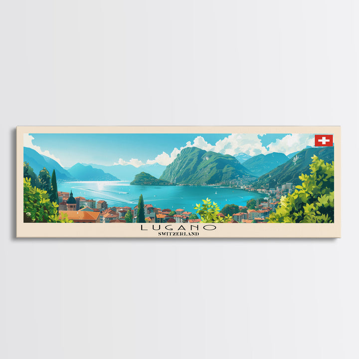 Lugano Switzerland Panoramic Travel Poster, Framed Canvas Print or Metal Wall Art, Travel Art, Home Decor, Panoramic Painting, Midcentury Art