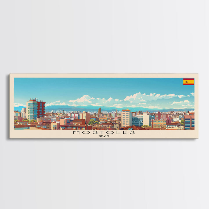Mostoles Spain Panoramic Travel Poster, Framed Canvas Print or Metal Wall Art, Travel Art, Home Decor, Panoramic Painting, Midcentury Art