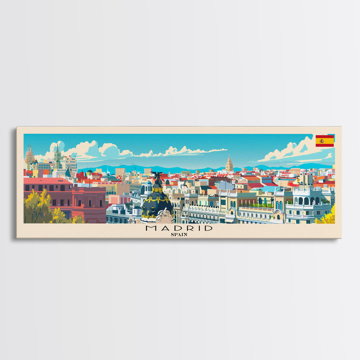 Madrid Spain Panoramic Travel Poster, Framed Canvas Print or Metal Wall Art, Travel Art, Home Decor, Panoramic Painting, Midcentury Art