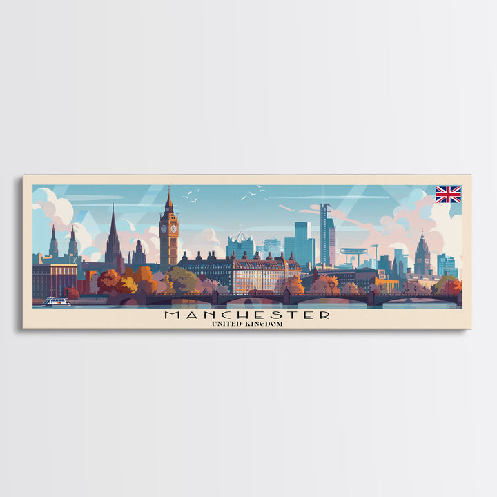 Manchester United Kingdom Panoramic Travel Poster, Framed Canvas Print or Metal Wall Art, Travel Art, Home Decor, Panoramic Painting, Midcentury Art