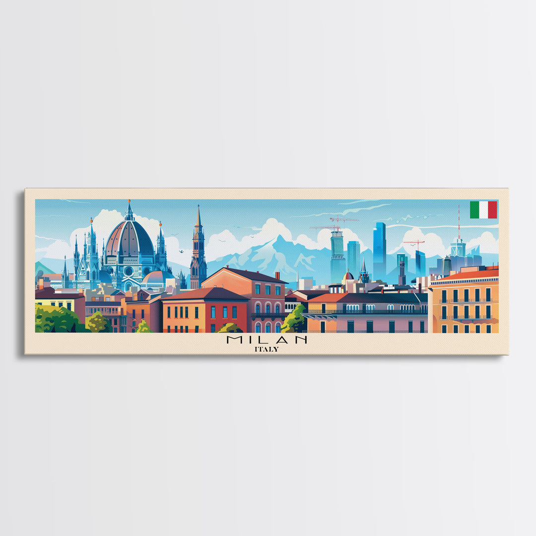 Milan Italy Panoramic Travel Poster, Framed Canvas Print or Metal Wall Art, Travel Art, Home Decor, Panoramic Painting, Midcentury Art