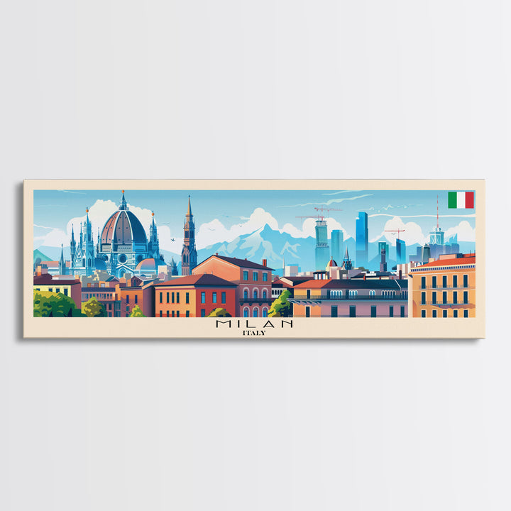 Milan Italy Panoramic Travel Poster, Framed Canvas Print or Metal Wall Art, Travel Art, Home Decor, Panoramic Painting, Midcentury Art