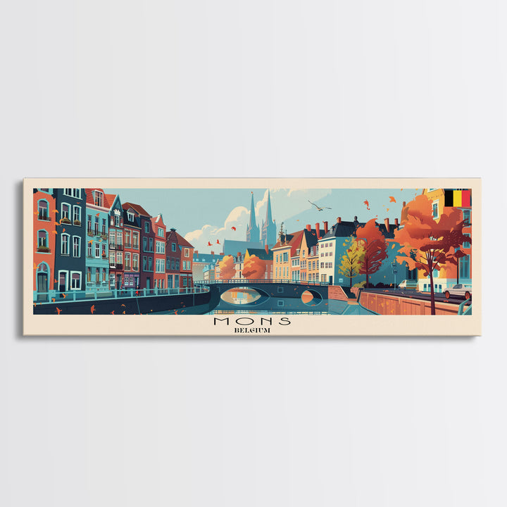 Mons Belgium Panoramic Travel Poster, Framed Canvas Print or Metal Wall Art, Travel Art, Home Decor, Panoramic Painting, Midcentury Art