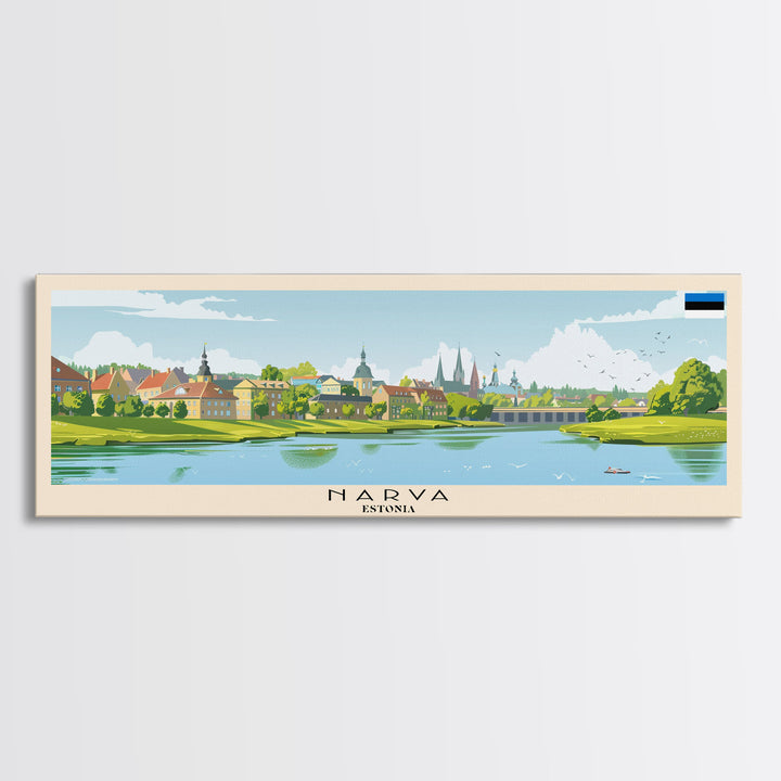Narva Estonia Panoramic Travel Poster, Framed Canvas Print or Metal Wall Art, Travel Art, Home Decor, Panoramic Painting, Midcentury Art