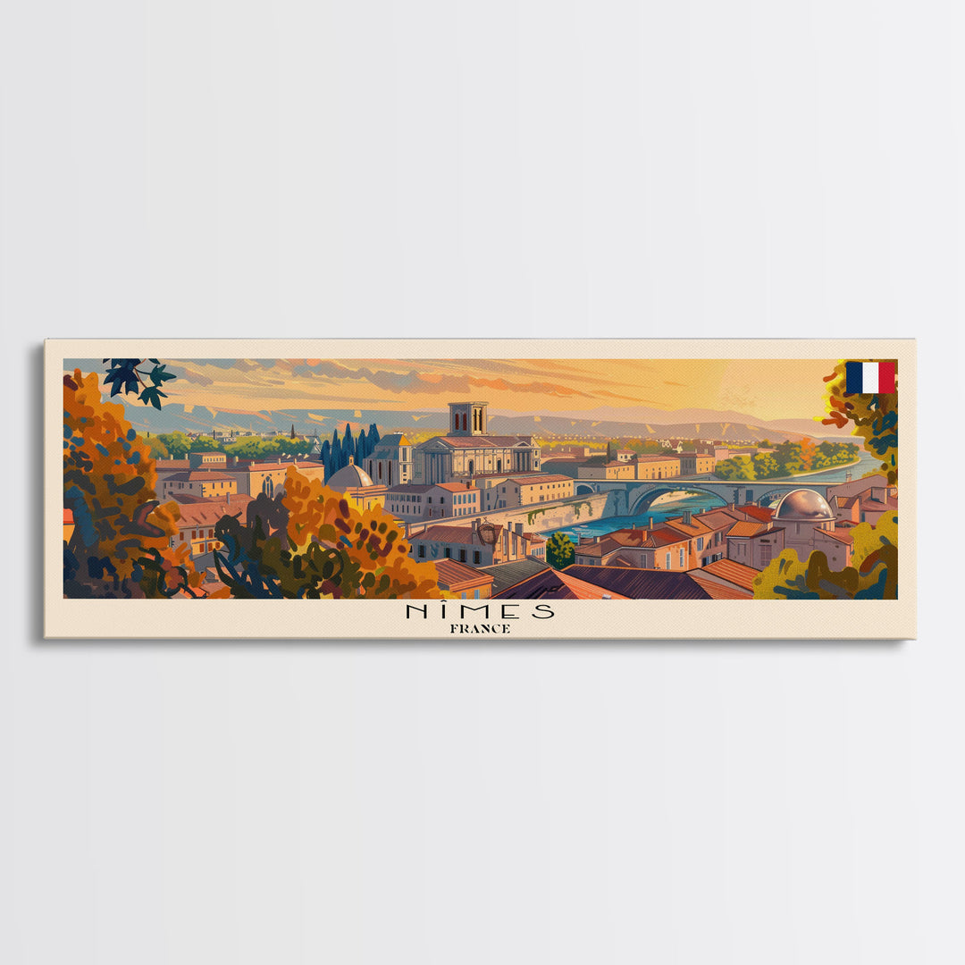 Nimes France Travel Art, City Art, Framed Canvas Print or Metal Wall Art, Europe Travel Poster, Panoramic Wall Art, Extra Wide Wall Art