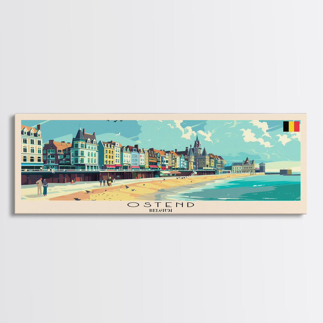 Ostend Belgium Panoramic Travel Poster, Framed Canvas Print or Metal Wall Art, Travel Art, Home Decor, Panoramic Painting, Midcentury Art