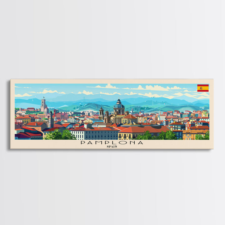 Pamplona Spain Panoramic Travel Poster, Framed Canvas Print or Metal Wall Art, Travel Art, Home Decor, Panoramic Painting, Midcentury Art