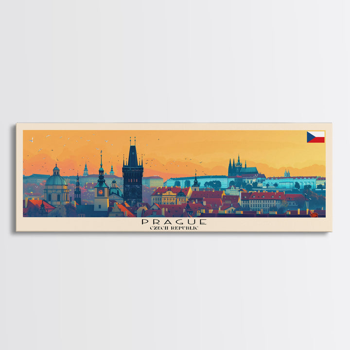 Prague Czech Republic Travel Art, City Art, Framed Canvas Print or Metal Wall Art, Europe Travel Poster, Panoramic Wall Art, Extra Wide Wall Art