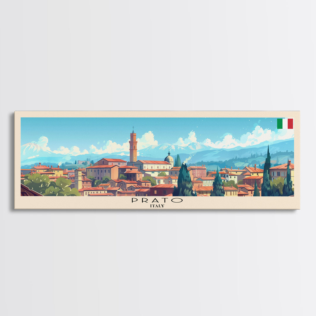 Prato Italy Panoramic Travel Poster, Framed Canvas Print or Metal Wall Art, Travel Art, Home Decor, Panoramic Painting, Midcentury Art