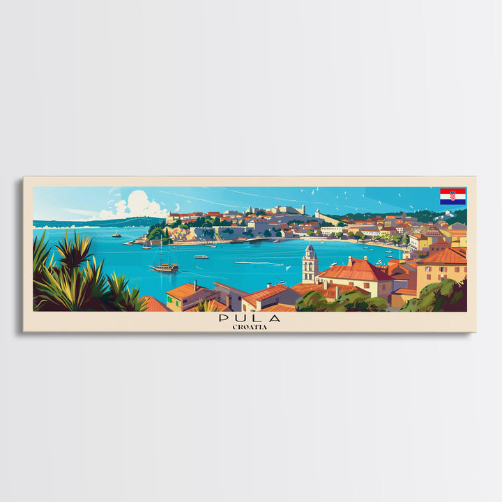 Pula Croatia Panoramic Travel Poster, Framed Canvas Print or Metal Wall Art, Travel Art, Home Decor, Panoramic Painting, Midcentury Art