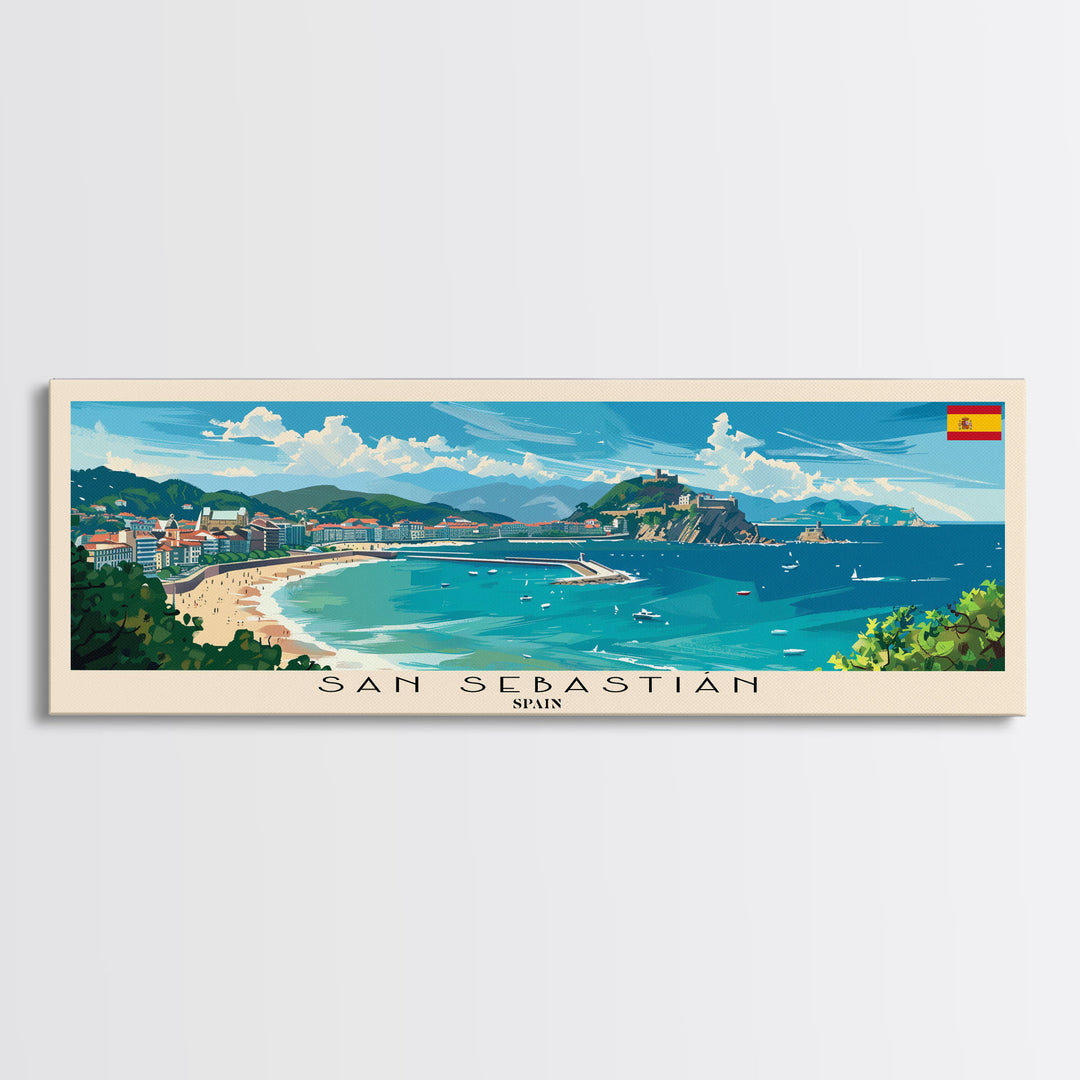 San Sebastian Spain Panoramic Travel Poster, Framed Canvas Print or Metal Wall Art, Travel Art, Home Decor, Panoramic Painting, Midcentury Art