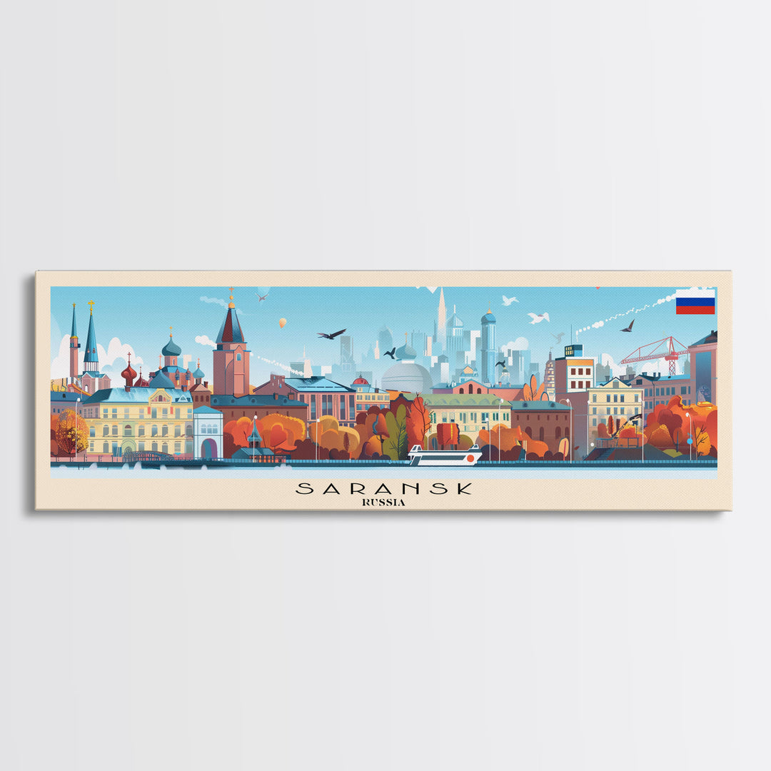 Saransk Russia Panoramic Travel Poster, Framed Canvas Print or Metal Wall Art, Travel Art, Home Decor, Panoramic Painting, Midcentury Art