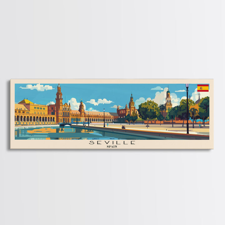 Seville Spain Panoramic Travel Poster, Framed Canvas Print or Metal Wall Art, Travel Art, Home Decor, Panoramic Painting, Midcentury Art