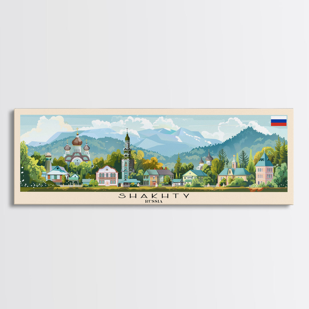 Shakhty Russia Panoramic Travel Poster, Framed Canvas Print or Metal Wall Art, Travel Art, Home Decor, Panoramic Painting, Midcentury Art