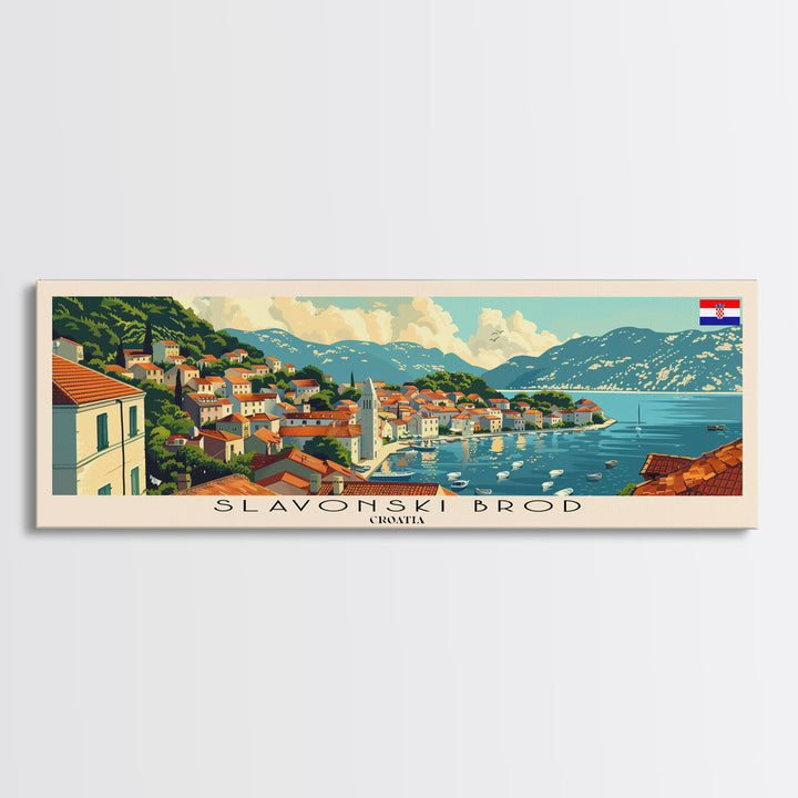 Slavonski Brod Croatia Panoramic Travel Poster, Framed Canvas Print or Metal Wall Art, Travel Art, Home Decor, Panoramic Painting, Midcentury Art