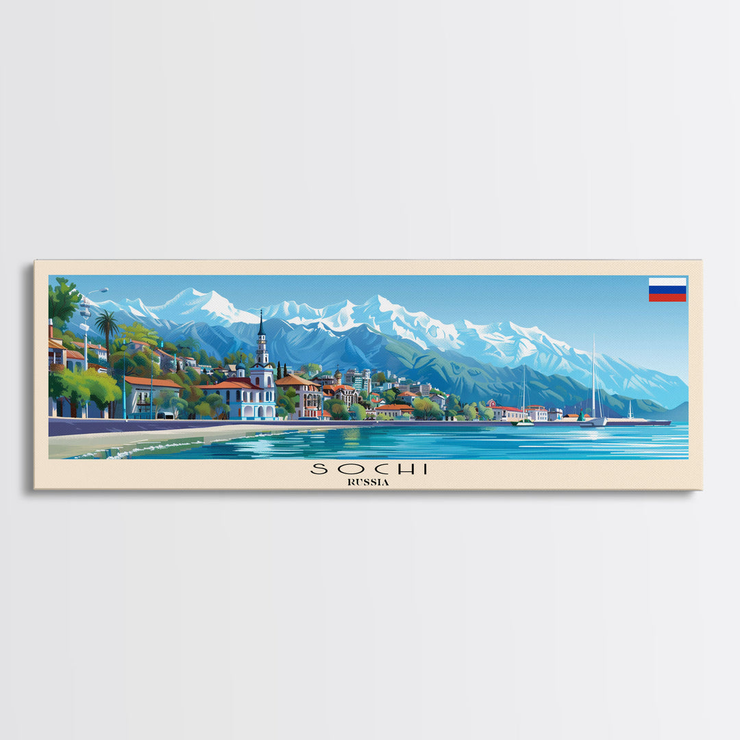 Sochi Russia Panoramic Travel Poster, Framed Canvas Print or Metal Wall Art, Travel Art, Home Decor, Panoramic Painting, Midcentury Art