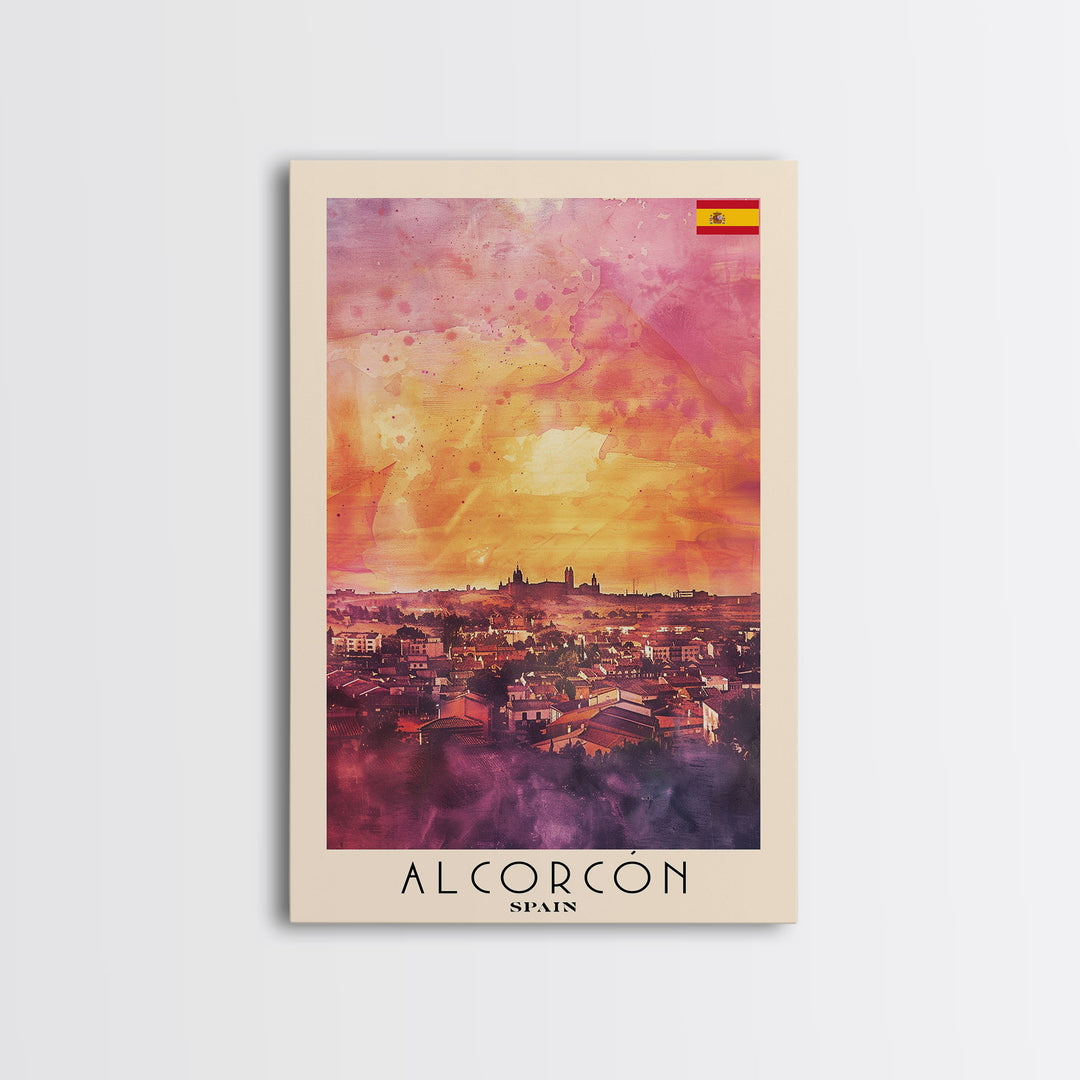 Alcorcón Spain Sunset Skyline Travel Poster Art, Framed Canvas Print, Beautiful Wall Art for Living Room or Bedroom, Home Decoration
