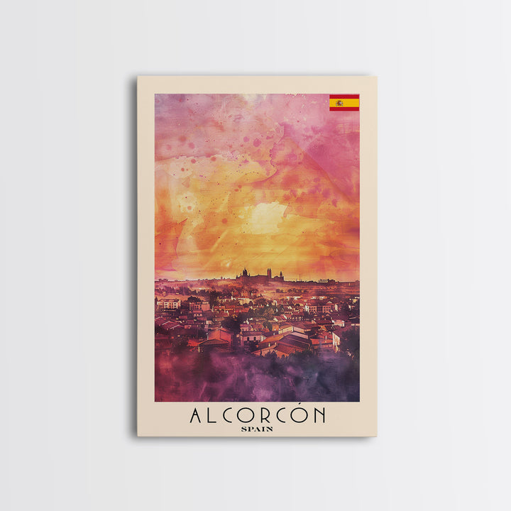 Alcorcón Spain Sunset Skyline Travel Poster Art, Framed Canvas Print, Beautiful Wall Art for Living Room or Bedroom, Home Decoration