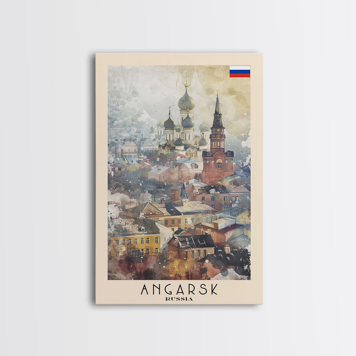 Beautiful Angarsk Skyline, Framed Canvas Print, Unique Travel Poster Art, Living Room Wall Decor, Minimalist Style, Watercolor Painting