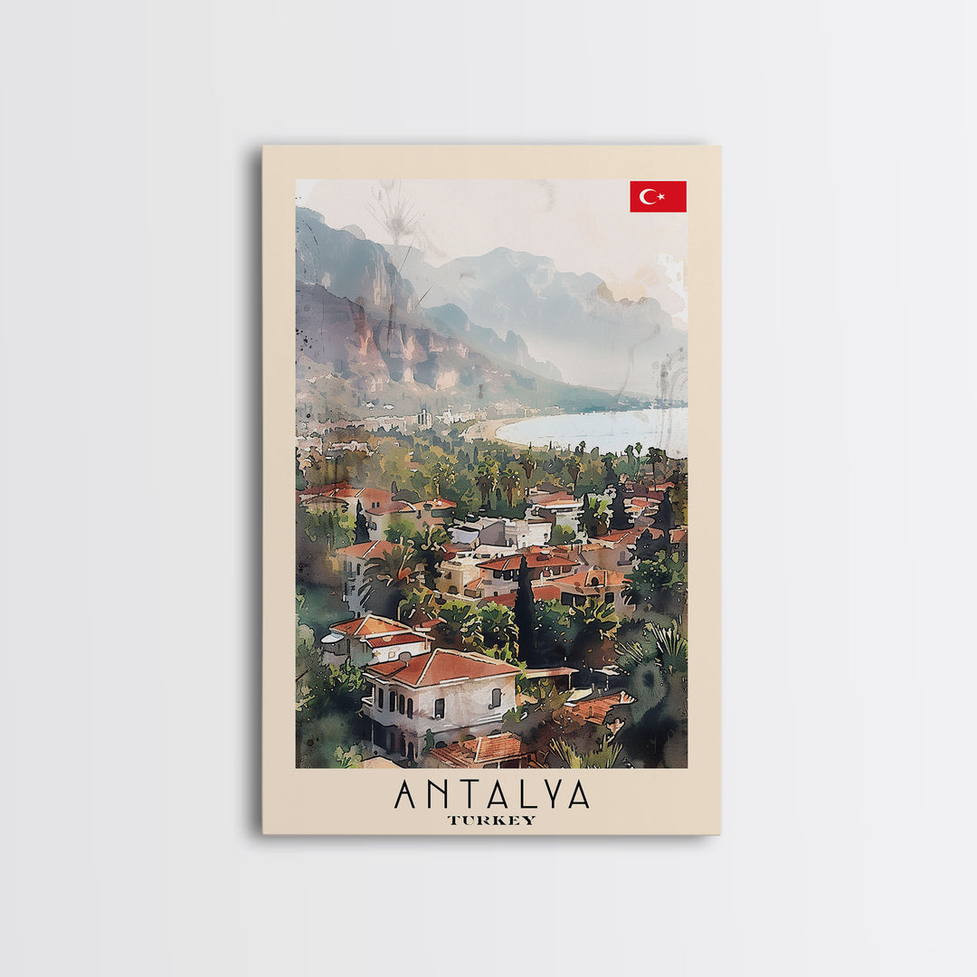 Picturesque Antalya Coastline, Framed Canvas Print, Ideal for Living Room Art, Travel Poster, Boho Wall Decor, Watercolor Art