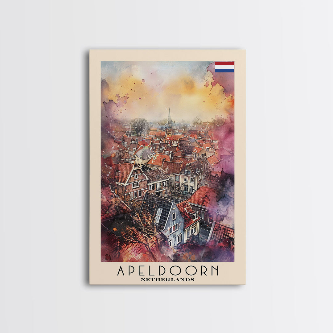 Scenic Apeldoorn Rooftops, Framed Canvas Print, Perfect for Living Room Art, Travel Poster, Boho Wall Decor, Watercolor Painting