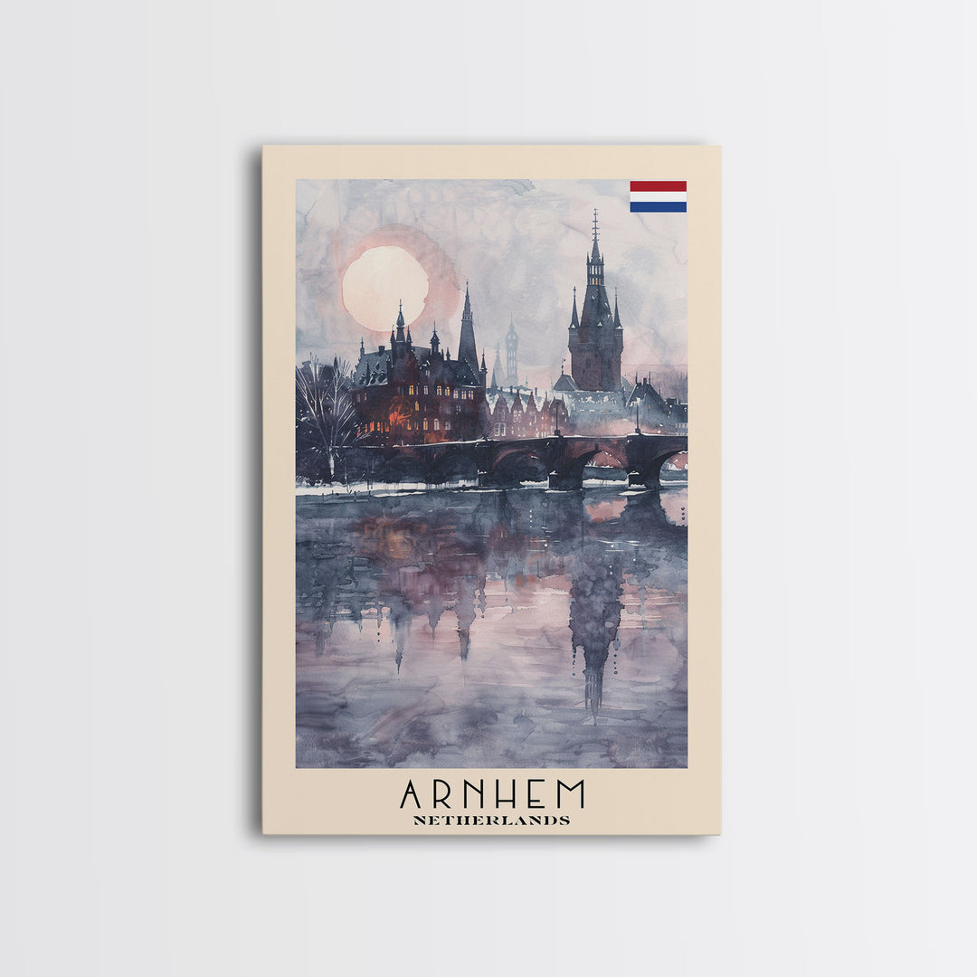 Arnhem Netherlands Travel Poster Framed Canvas Print, Wall Art, Home Decor, Vacation Print, Watercolor Painting, Cityscape Art