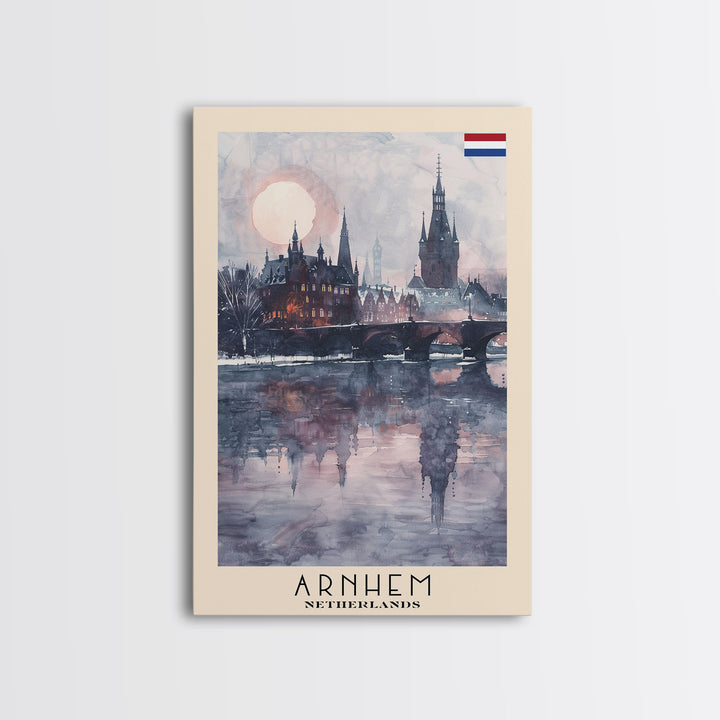 Arnhem Netherlands Travel Poster Framed Canvas Print, Wall Art, Home Decor, Vacation Print, Watercolor Painting, Cityscape Art