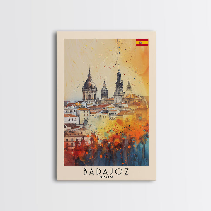 Badajoz Spain Travel Poster Framed Canvas Print, Wall Art, Home Decor, Vacation Print, Watercolor Painting, Cityscape Art, Vibrant Colors