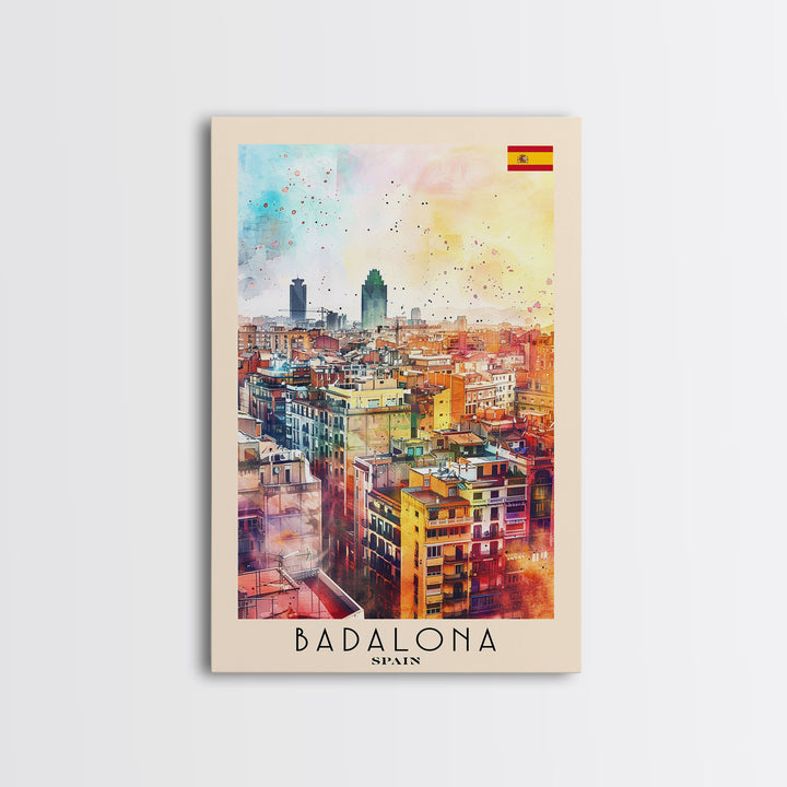 Badalona Spain Travel Poster Framed Canvas Print, Wall Art, Home Decor, Travel Print, Watercolor Painting, Urban Cityscape, Original Art