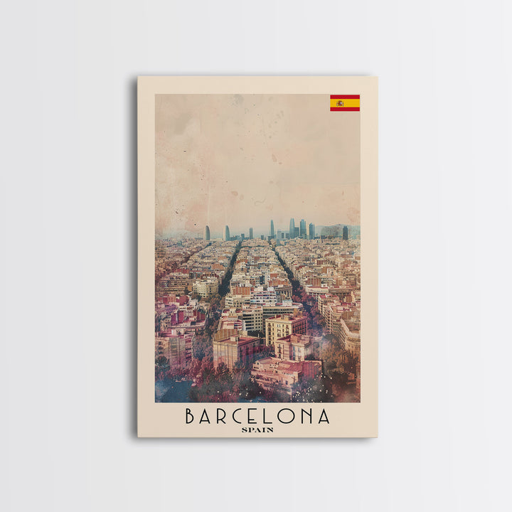 Barcelona Spain Travel Poster Framed Canvas Print, Wall Art, Home Decor, Travel Print, Watercolor Painting, Urban Scene, Vibrant Colors
