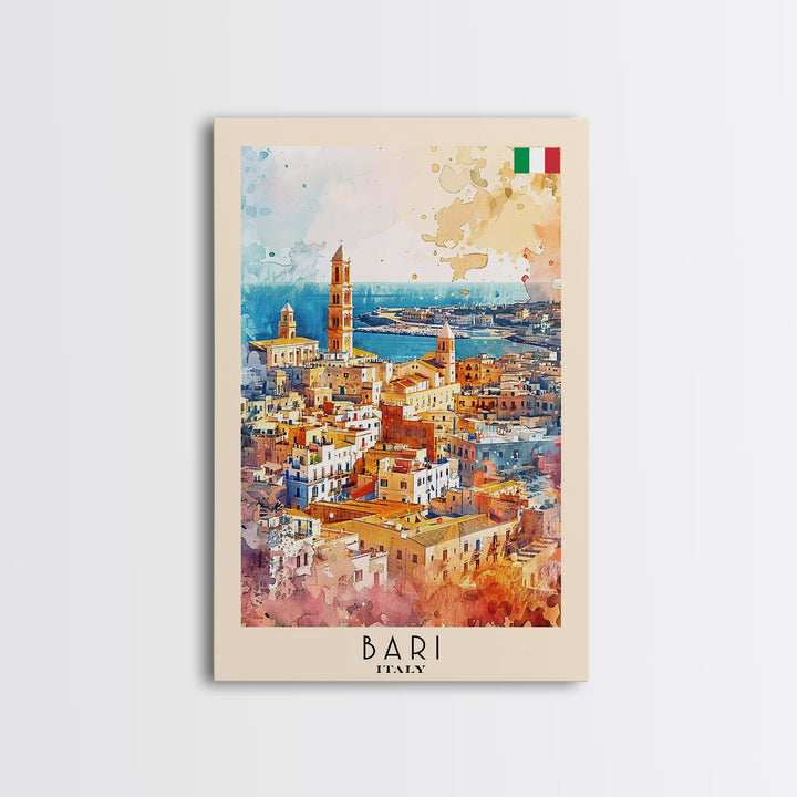 Bari Italy Travel Poster Framed Canvas Print, Wall Art, Home Decor, Watercolor Painting, Vacation Gift, Minimalist Art