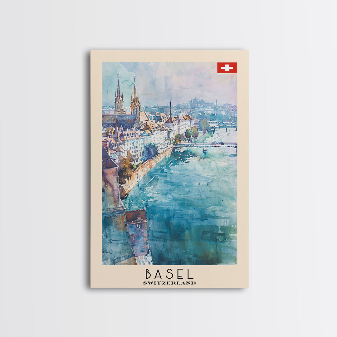 Basel Switzerland Travel Poster Framed Canvas Print, Wall Art, Home Decor, Watercolor Painting, Vacation Gift, Minimalist Art