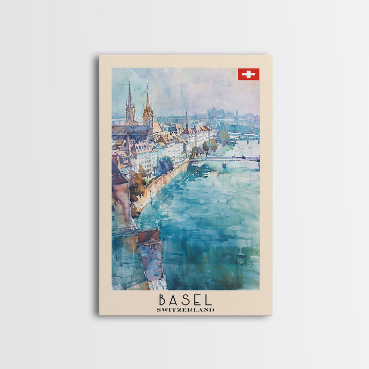 Basel Switzerland Travel Poster Framed Canvas Print, Wall Art, Home Decor, Watercolor Painting, Vacation Gift, Minimalist Art