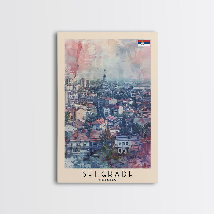 Belgrade Serbia Travel Poster Framed Canvas Print, Wall Art, Living Room Art, Watercolor Painting, Original Art, Vacation Gift
