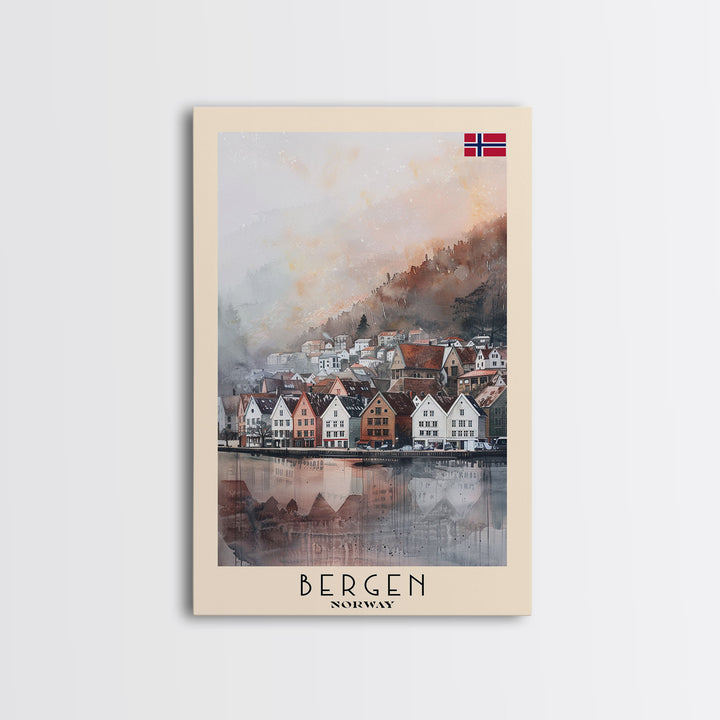 Bergen Norway Travel Poster Framed Canvas Print, Watercolor Painting, Wall Art, Home Decor, Boho Art, Scenic Travel Print