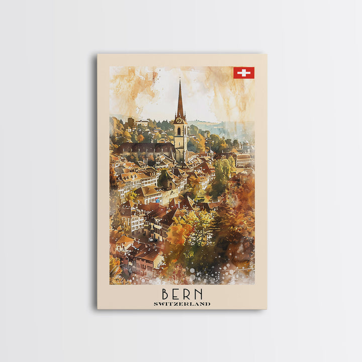 Bern Switzerland Travel Poster Framed Canvas Print, Watercolor Painting, Wall Art, Home Decor, Travel Print, Scenic Art, Original