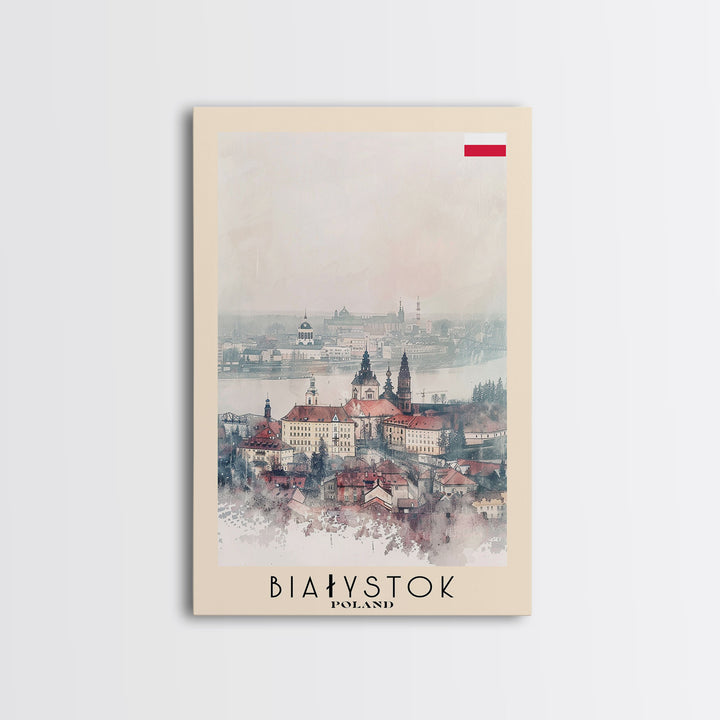 Białystok Poland Travel Poster Framed Canvas Print, Watercolor Art, Home Decor, Wall Art, Travel Print, Historic Cityscape Art