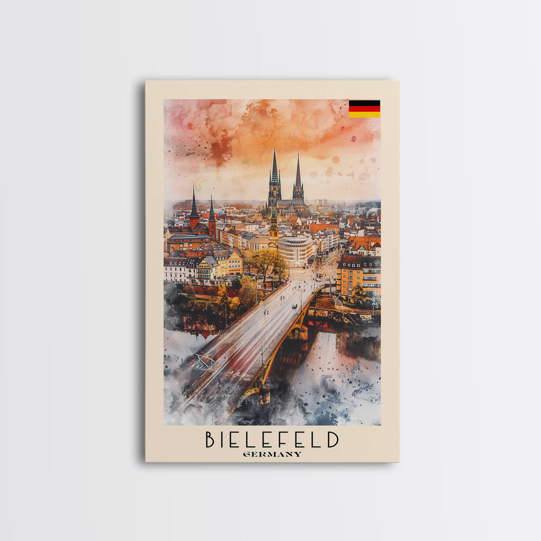 Bielefeld Germany Travel Poster Framed Canvas Print, Watercolor Art, Home Decor, Wall Art, Travel Print, Cityscape Art