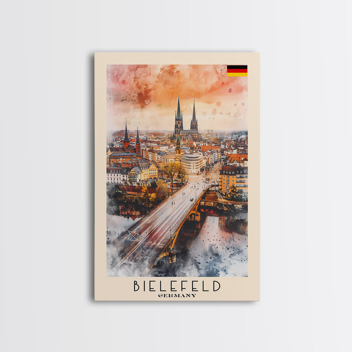 Bielefeld Germany Travel Poster Framed Canvas Print, Watercolor Art, Home Decor, Wall Art, Travel Print, Cityscape Art