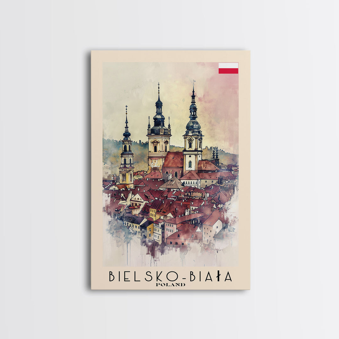 Bielsko-Biała Poland Travel Poster Framed Canvas Print, Watercolor Painting, Wall Art, Home Decor, Travel Print, Historic Cityscape