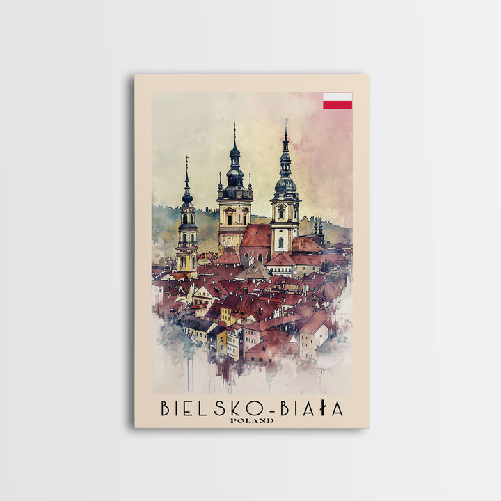 Bielsko-Biała Poland Travel Poster Framed Canvas Print, Watercolor Painting, Wall Art, Home Decor, Travel Print, Historic Cityscape
