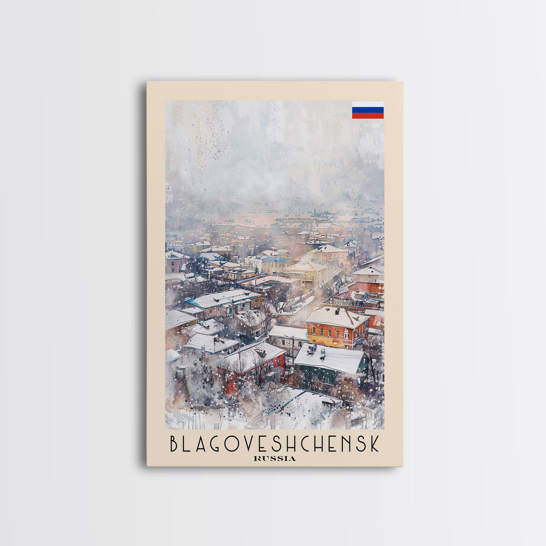 Blagoveshchensk Russia Travel Poster Framed Canvas Print, Wall Art, Home Decor, Travel Print, Winter Scene, Original Art